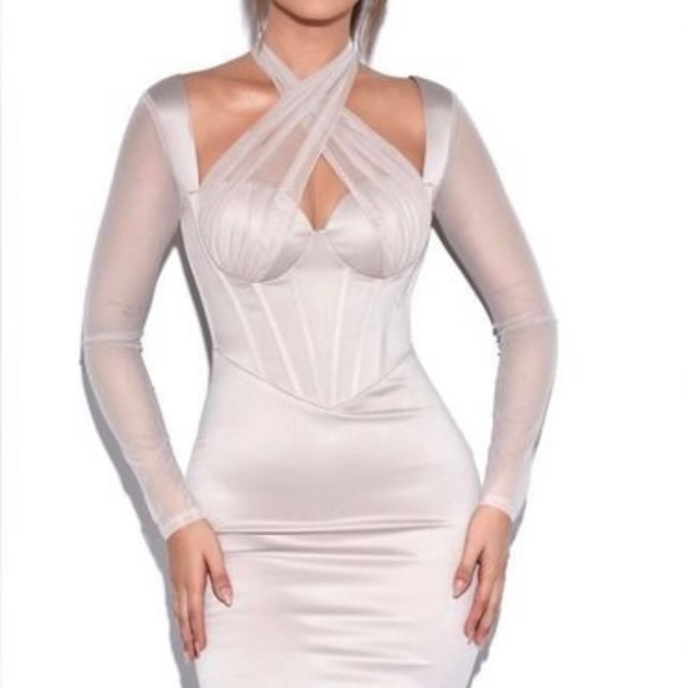 Beige Satin Mesh Long Sleeve Corset Dress